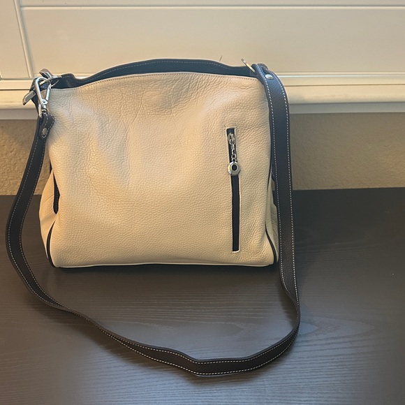 Dorse Pelle Handbags - Elegant Cream Made In Italy Leather Crossbody  or Shoulder Bag with Brown strap